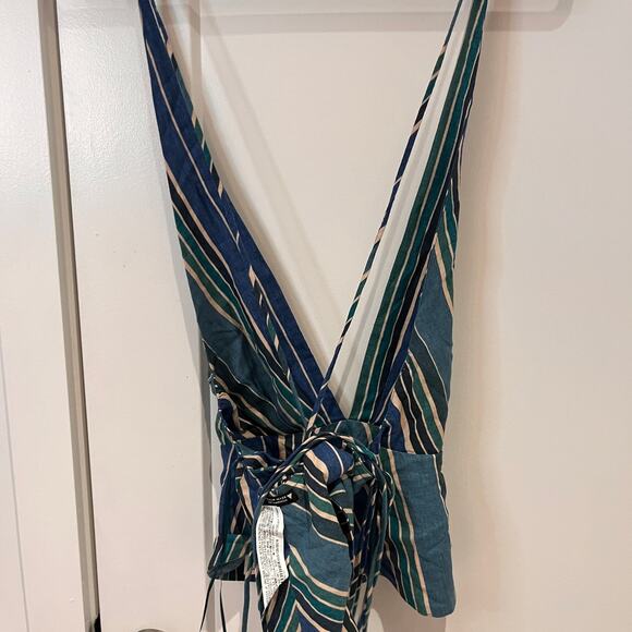 NWT Zara Linen Blend V-neck Sleeveless Striped Pattern Blouse Top Size Medium - Picture 3 of 7